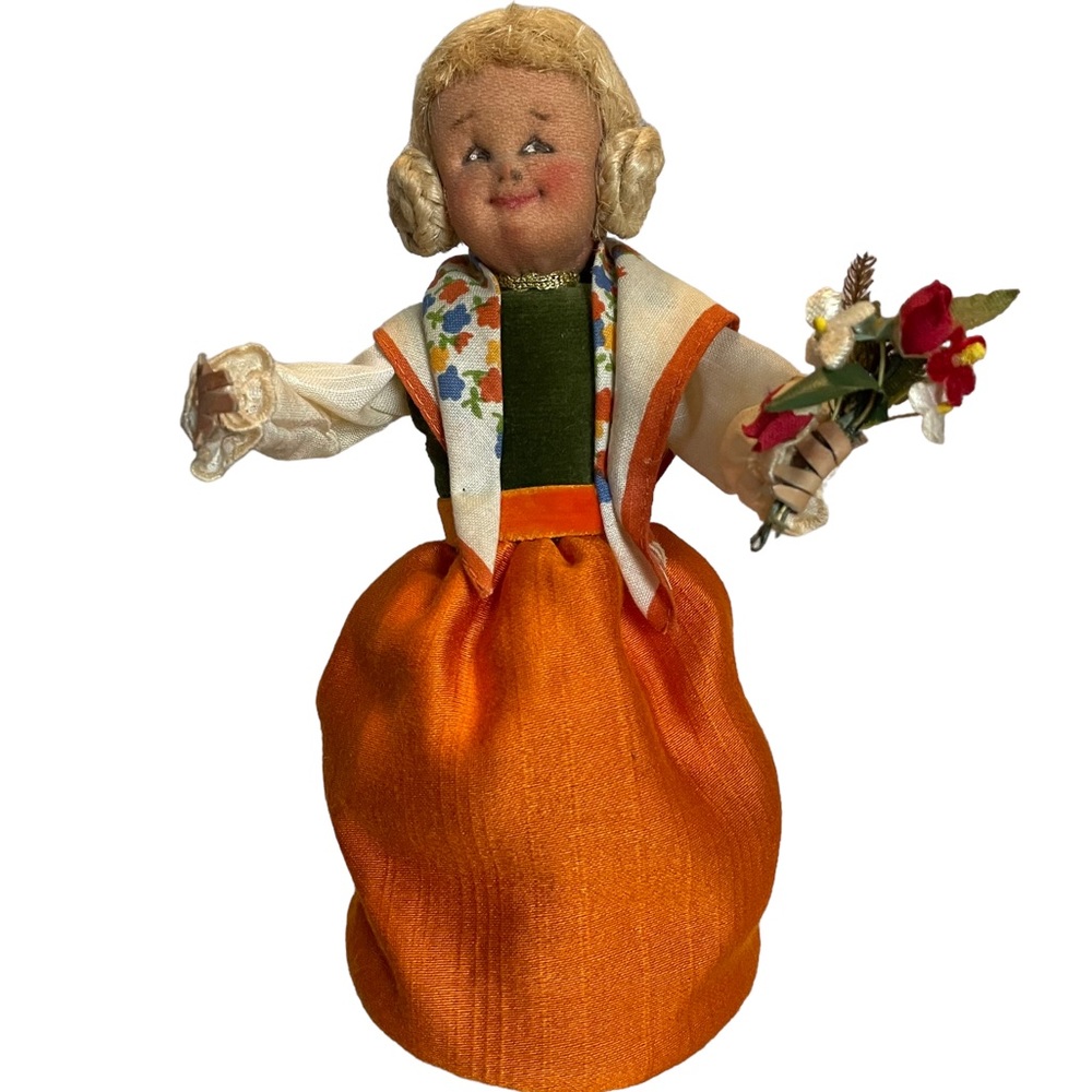 Vintage Cottagecore Handmade Scandinavian Floral Cloth Tourist Doll Detailed 8”